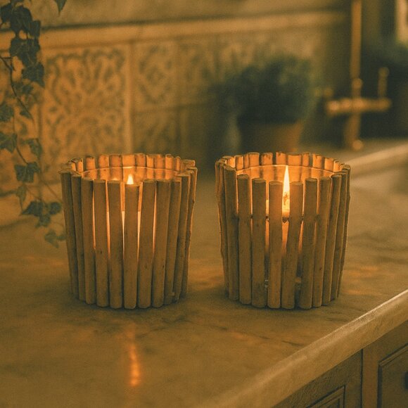 NWT Set of 2 Large Rustic Driftwood Candle Holders Vase Coastal Wedding Decor - Picture 1 of 11